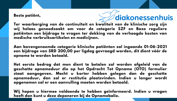 SRD 200 liddagkosten voor klinische zorg SZF en Bazo-patiënten bij Diakonessenhuis