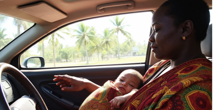 Moeder in Suriname stapt met baby in draagzak achter het stuur voor deur bekende supermarkt