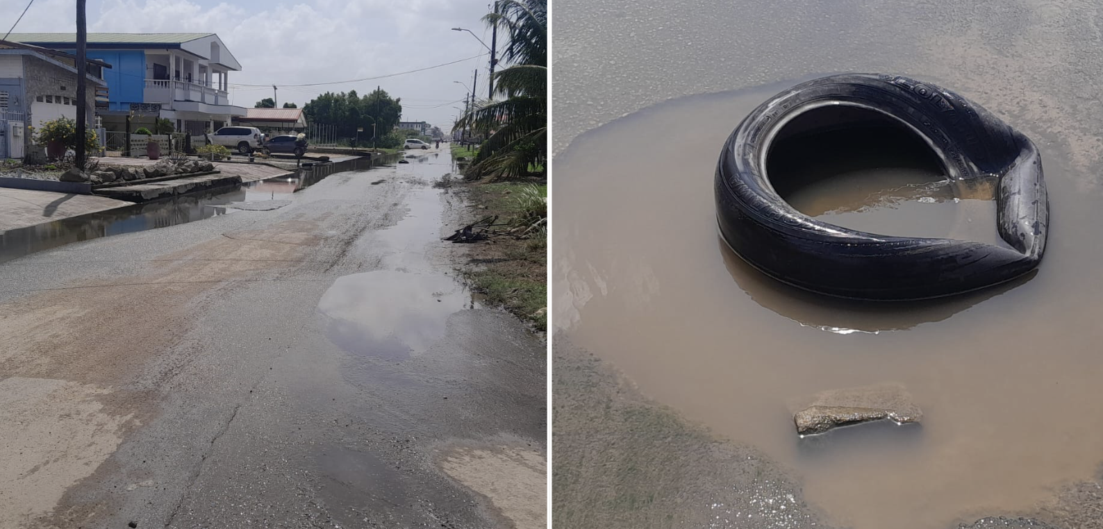 anamoestraat gat in weg straat paramaribo suriname onderwater